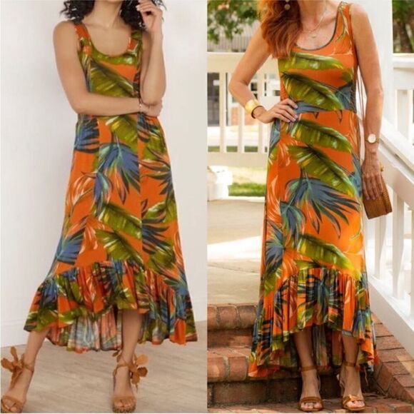 Soft Surroundings Fabiana Tropical Print Ruffle Hem Shirred Dress M EUC - Picture 1 of 10